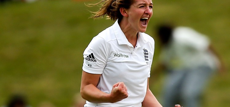 Kate Cross of England celebrates after trapping Thirush Kamini of India lbw for 28.