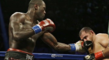 Deontay Wilder catches Eric Molina with a left during his successful world title defence.